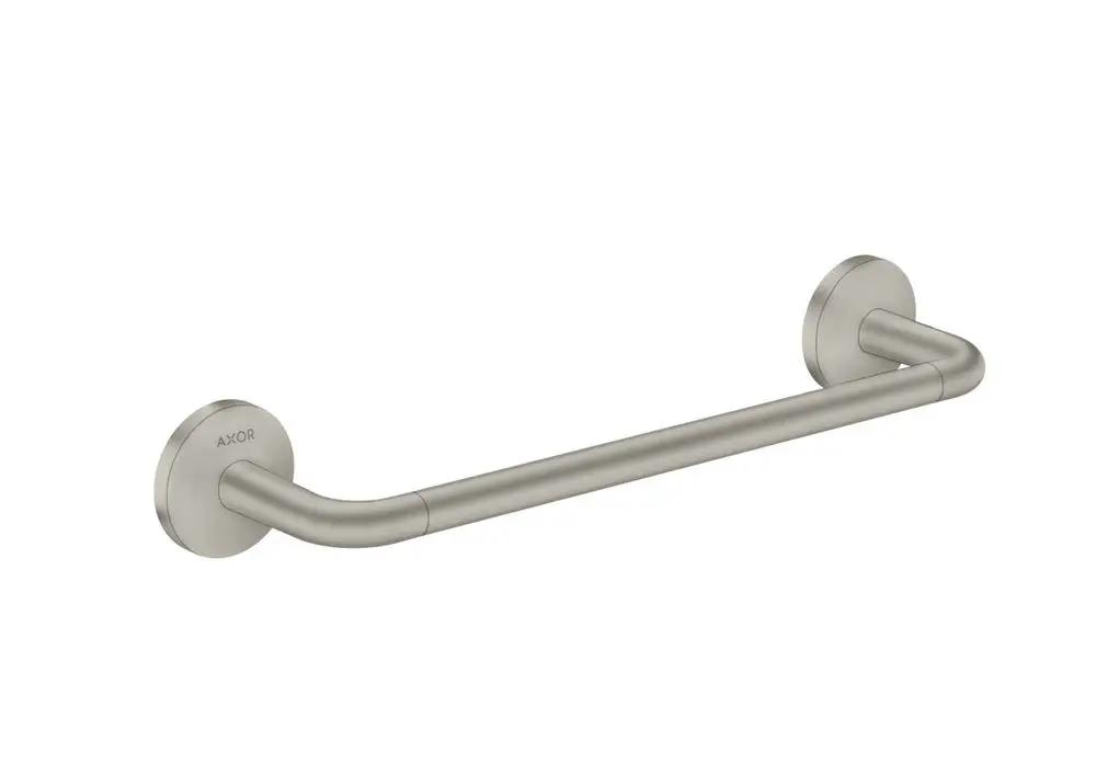 Haltestange aus Edelstahl in mattem Finish, montiert an runden Wandbefestigungen. Produkte von AXOR sind für Funktionalität und Qualität bekannt.